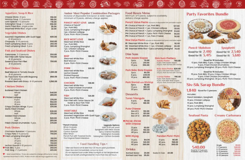 Ambers menu 2024 price list